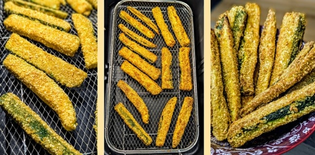 Frites de courgette à la chapelure IG bas avant et après cuisson à l'air fryer