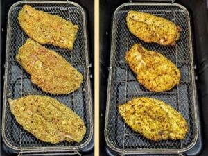 Filets de poulet à l’Air Fryer avant et après cuisson, croustillants et dorés
